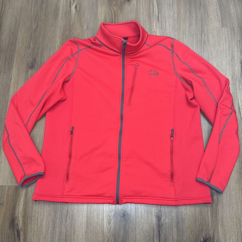 L.L. Bean Mens 2XL Fleece Jacket Sweater Full Zip Red Gray‎ XXL